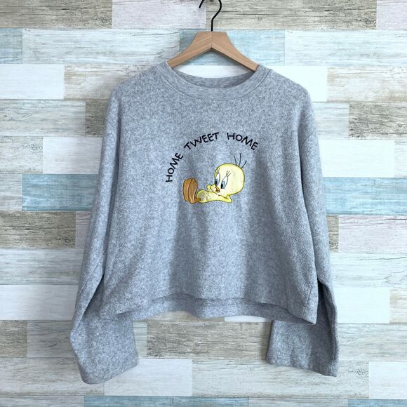 Warner Bros. Sweaters - Looney Tunes Tweety Bird Boxy Terry Sweatshirt Gray Relaxed Fit Lounge Womens XL